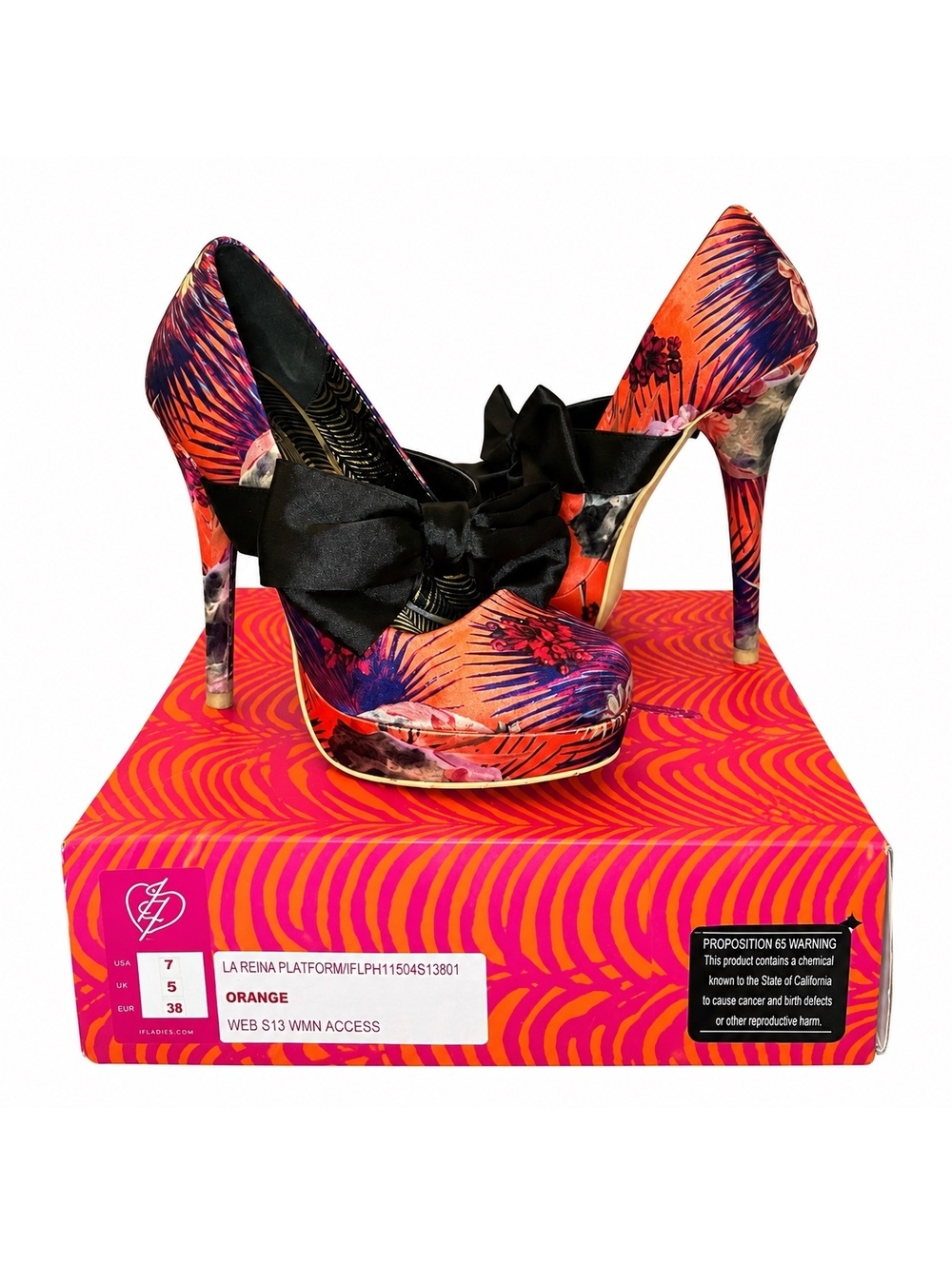 Iron Fist La Reina Platform Orange Floral Bow Heels Size 7